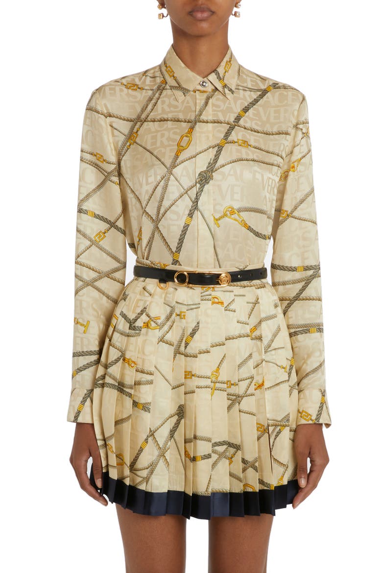 Rope Logo Print Satin Button-Up Shirt, Main, color, SAND/ GOLD