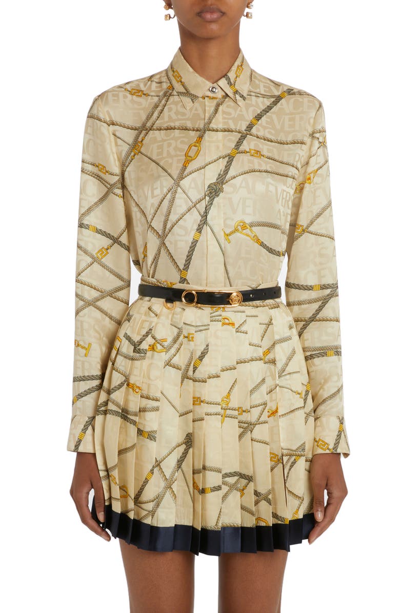 Versace Rope Logo Print Satin Button-Up Shirt, Main, color, 