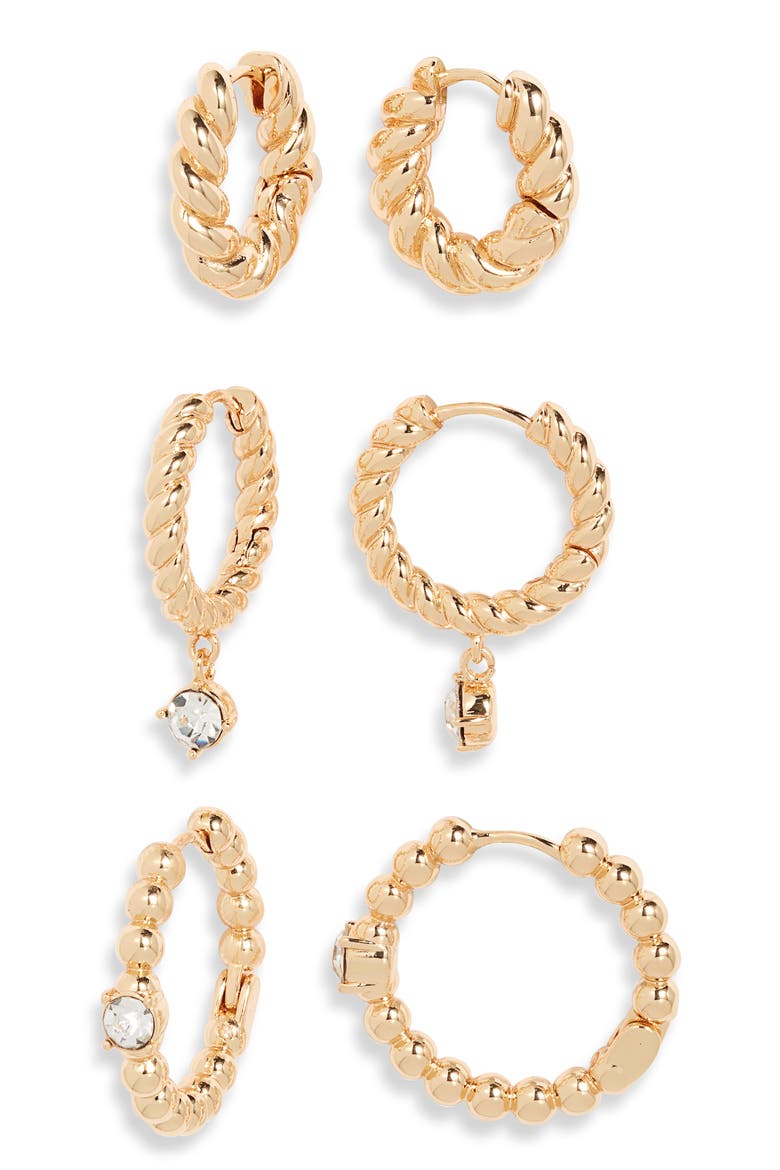 3 Pairs Twisted Metal Huggie Hoop Earrings, Main, color, CLEAR- GOLD