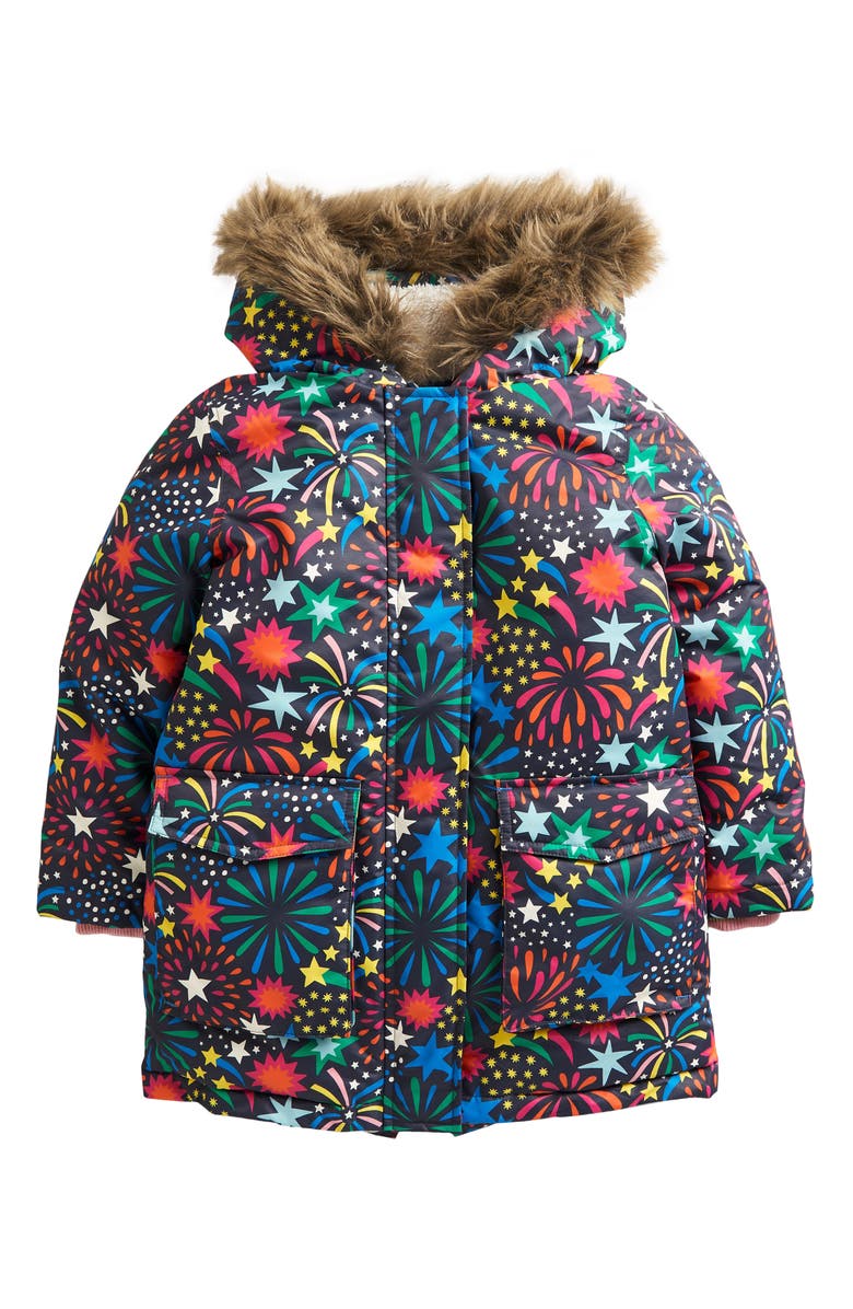 Mini Boden Kids' Rainbow Faux Fur Trim Waterproof Parka, Main, color, 