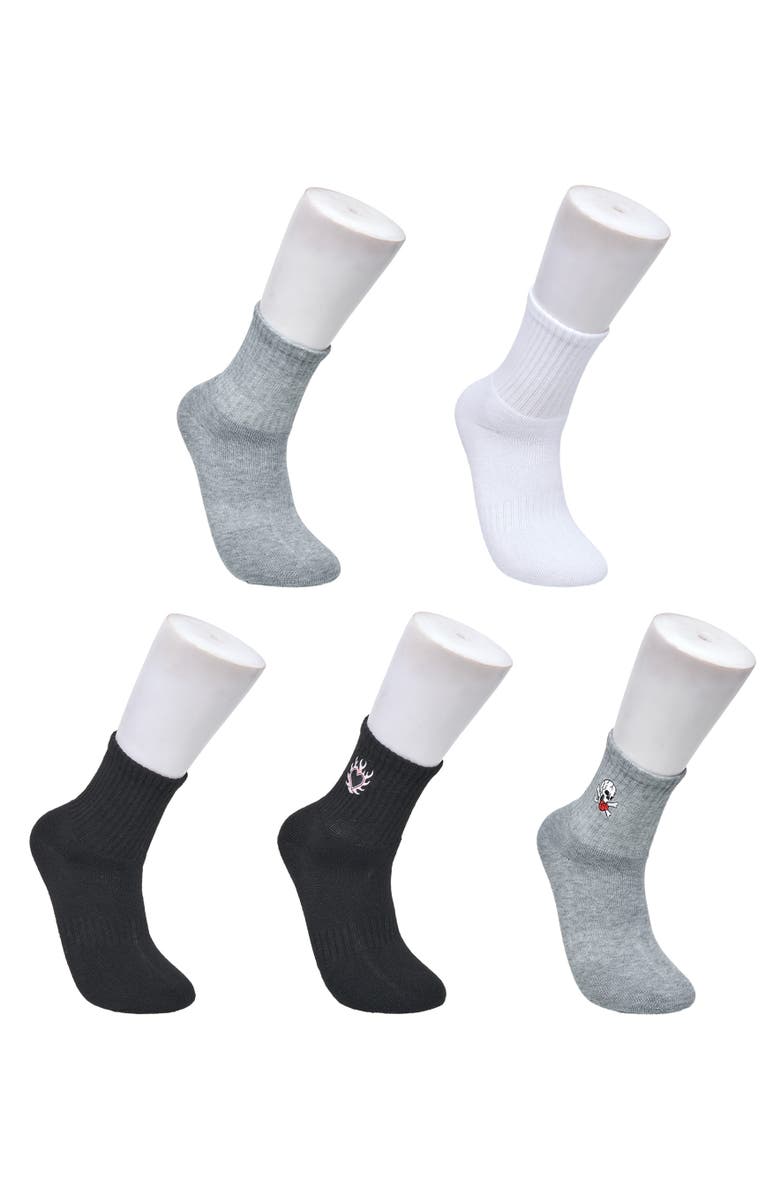 Ed Hardy Womens Heart Skull Embroidery Half Cushion Mid Crew Sock 5-Pack, Main, color, Black White Grey