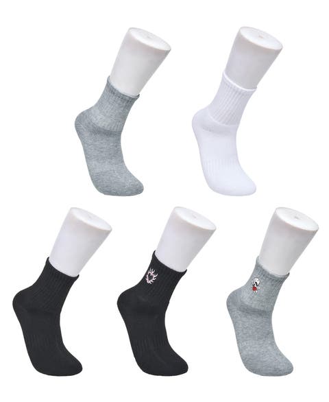 Heart Skull Embroidery Half Cushion Mid Crew Sock 5-Pack