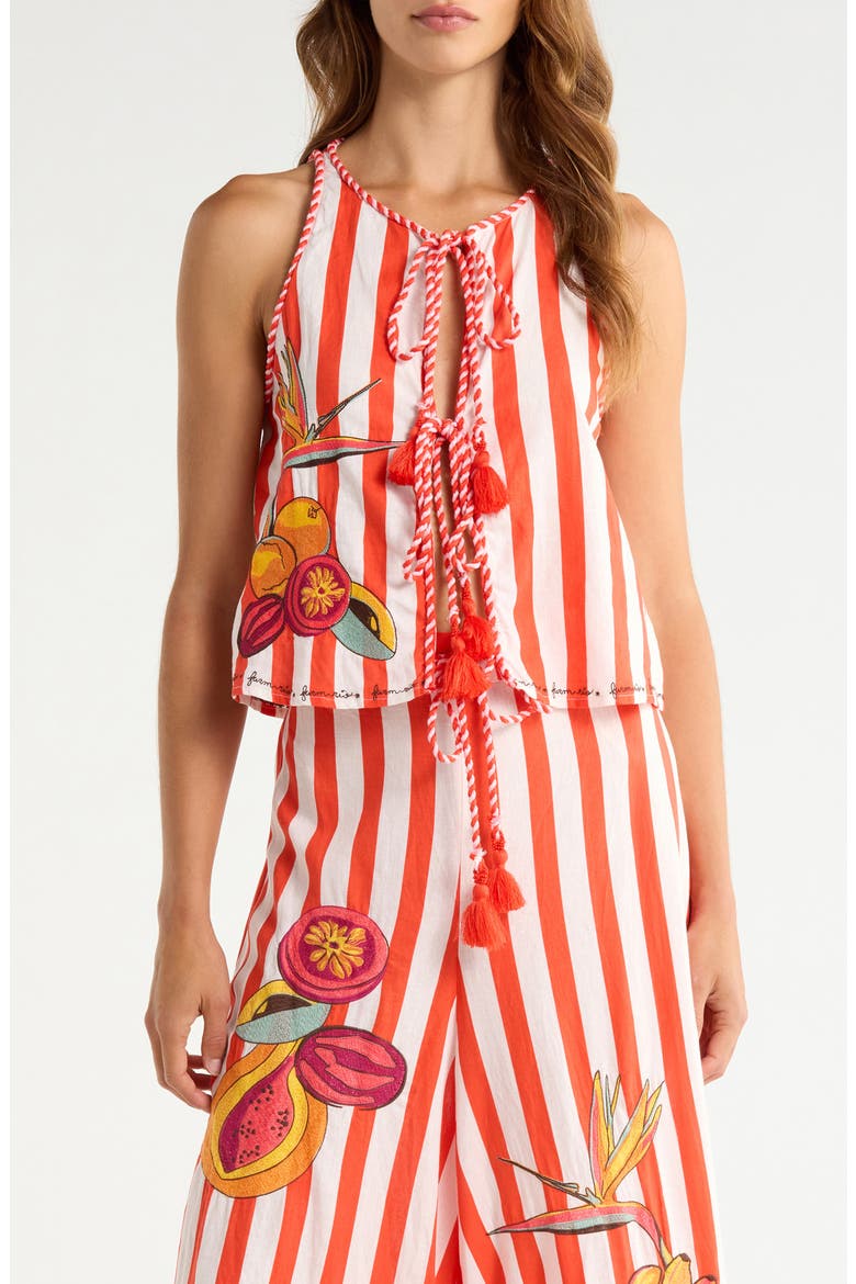 Stripe Fruit Embroidered Tie Front Cover-Up Top, Main, color, RED