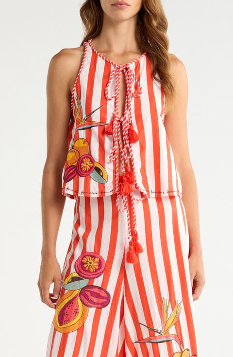 Stripe Fruit Embroidered Tie Front Cover-Up Top