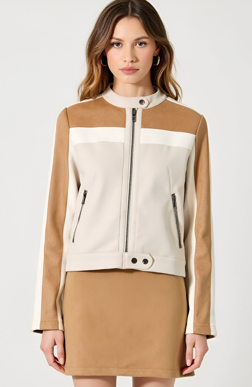 Modenaire Colorblock Jacket With Zip Pockets In Brown
