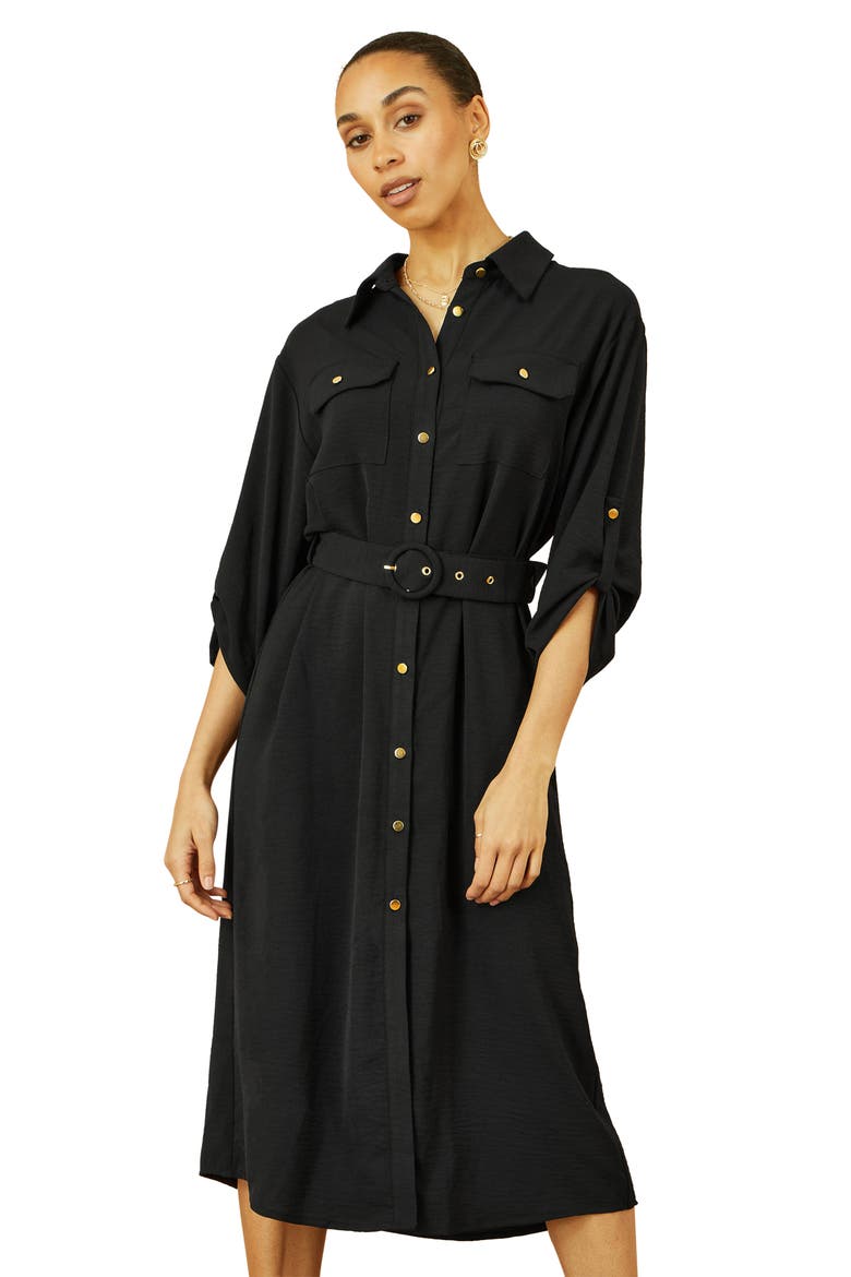 3/4 Sleeve Belted Midi Shirt Dress, Alternate, color, Black
