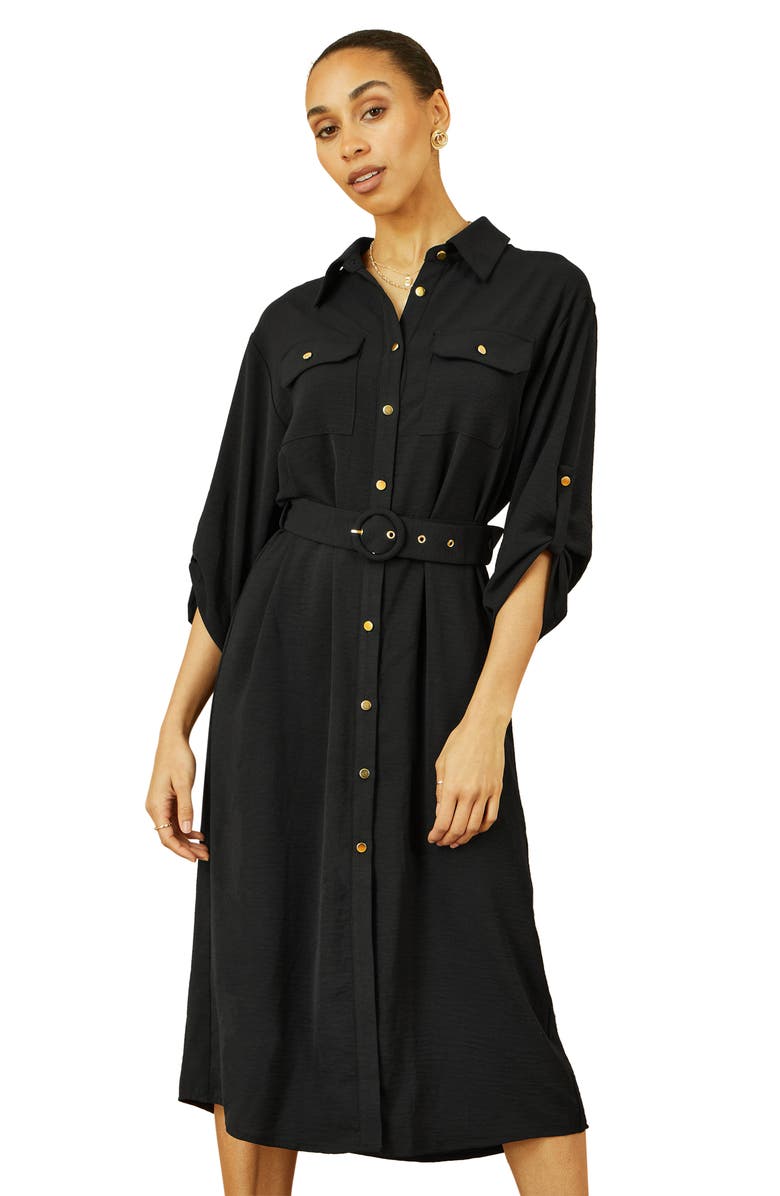 Yumi 3/4 Sleeve Belted Midi Shirt Dress, Alternate, color, Black