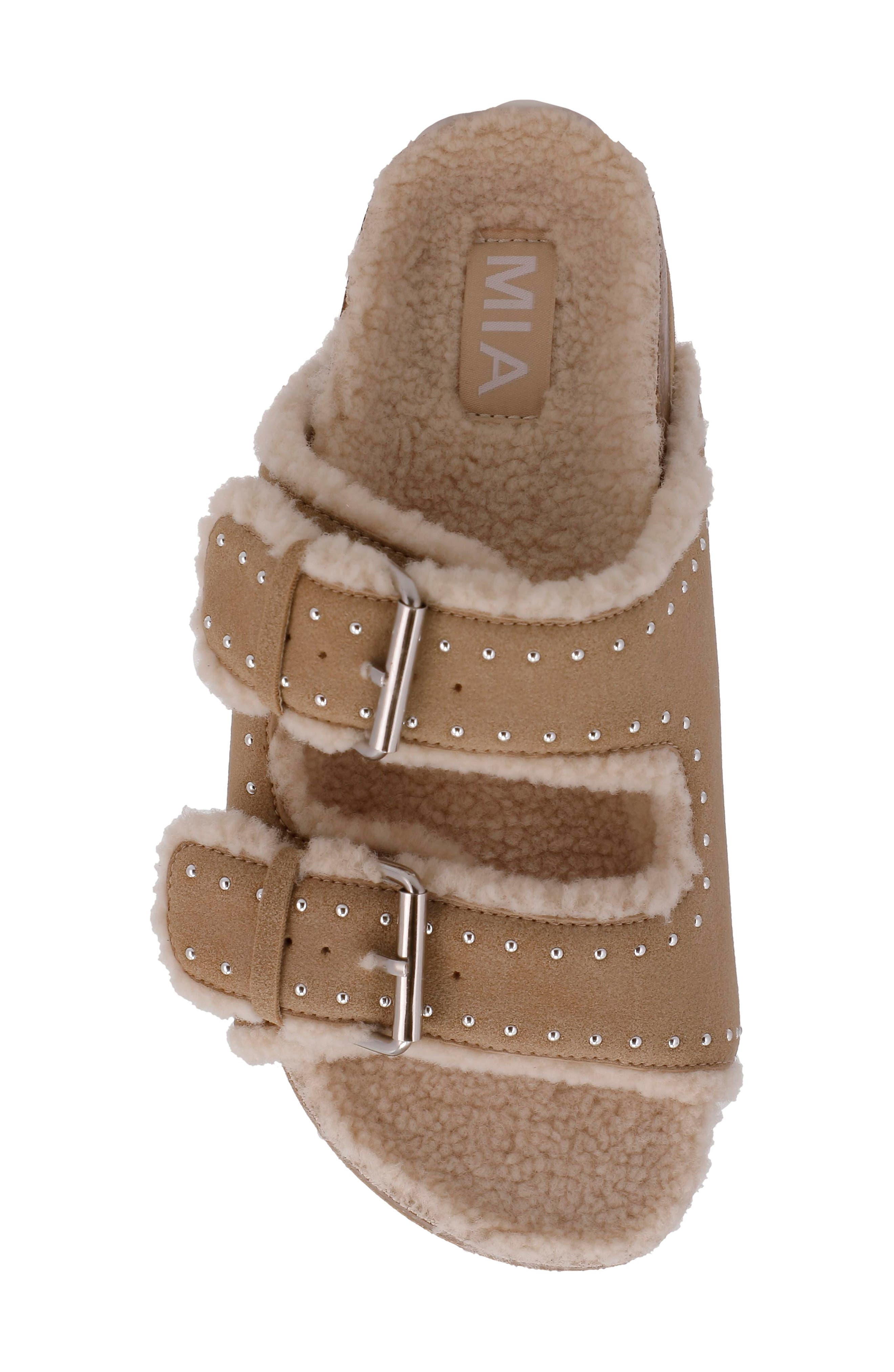 MIA Brookie Faux Shearling Platform Slide Sandal, Alternate, color, Sand
