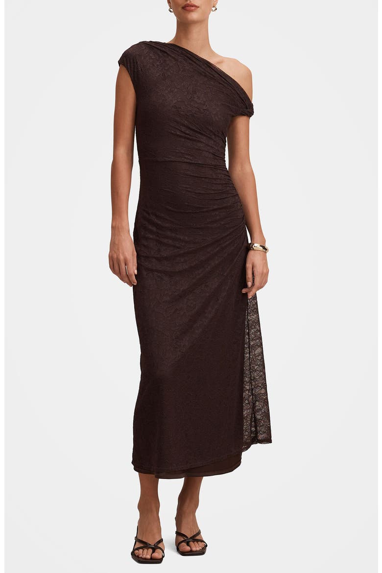 Paris Asymmetric Lace Midi Dress, Main, color, CHOCOLATE