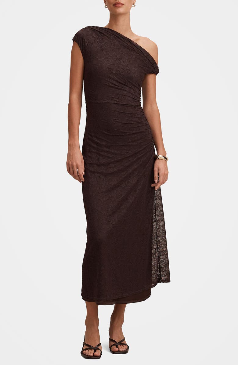 Ever New Paris Asymmetric Lace Midi Dress, Main, color, Chocolate
