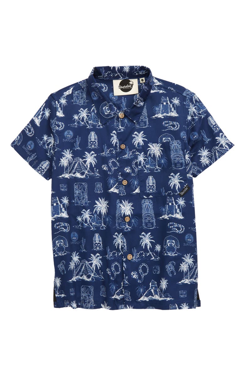 Boardies Kids' Tulum Print Button-Up Shirt, Main, color, Blue