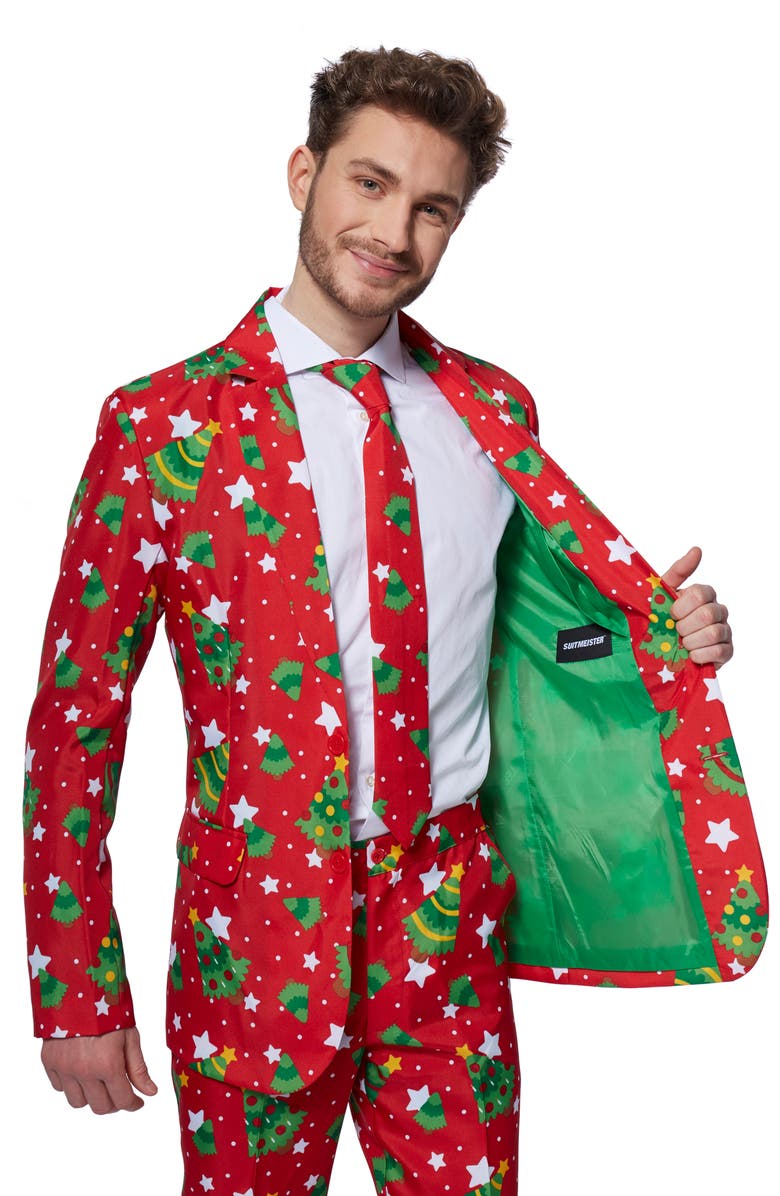 OppoSuits Christmas Trees & Stars Trim Fit Suit & Tie, Alternate, color, Red