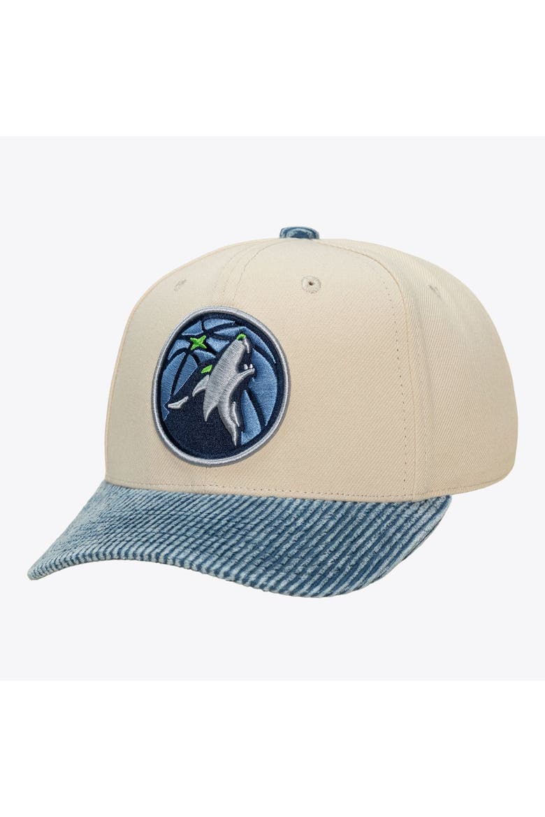 Men's Mitchell & Ness Cream/Blue Minnesota Timberwolves Washed Corduroy Pro Crown Snapback Hat, Main, color, Cream