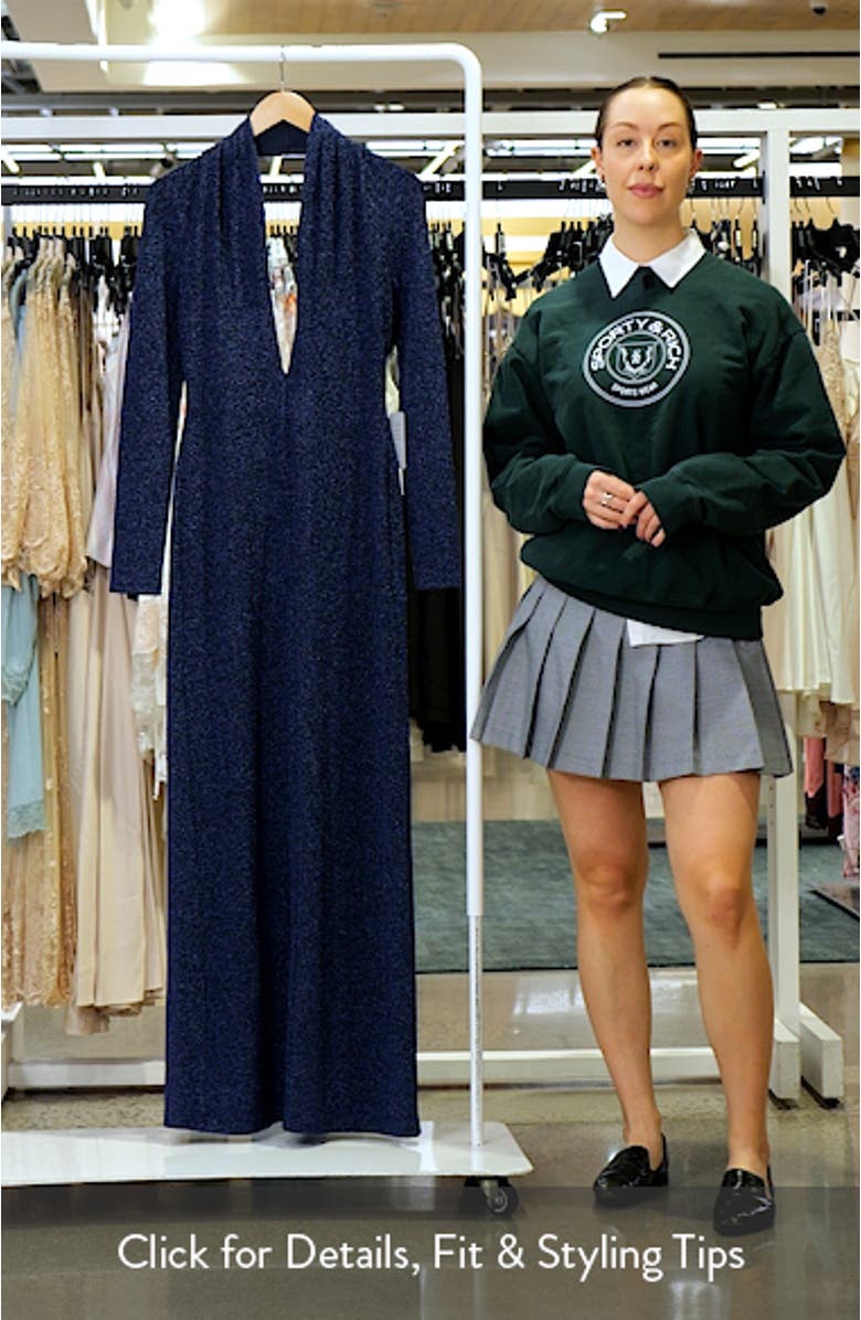 Selena Metallic Plunge Long Sleeve Open Back Jersey Gown, sales video thumbnail