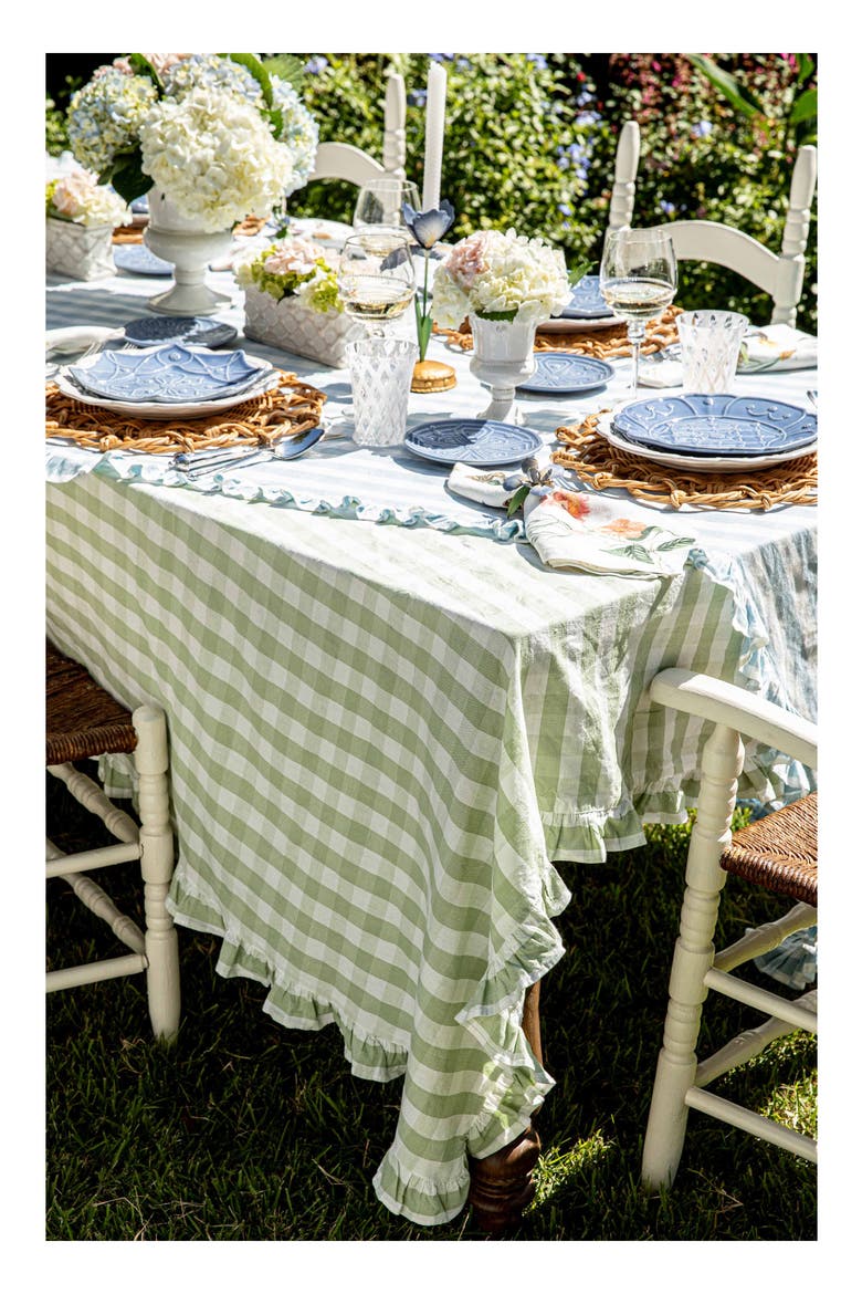 Gingham Ruffle Cotton & Linen Tablecloth, Alternate, color, SEAGRASS
