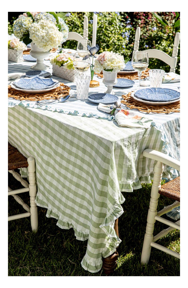 Juliska Gingham Ruffle Cotton & Linen Tablecloth, Alternate, color, Seagrass