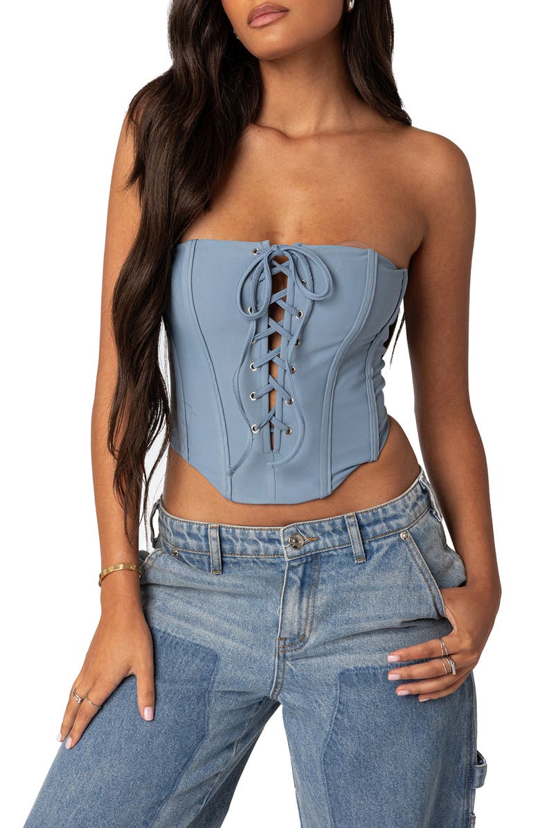 EDIKTED Kilah Strapless Corset Top, Main, color, Blue