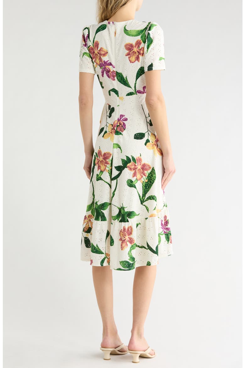 Floral Eyelet Short Sleeve Faux Wrap Dress, Alternate, color, SOFT WHITE/ MARIGOLD
