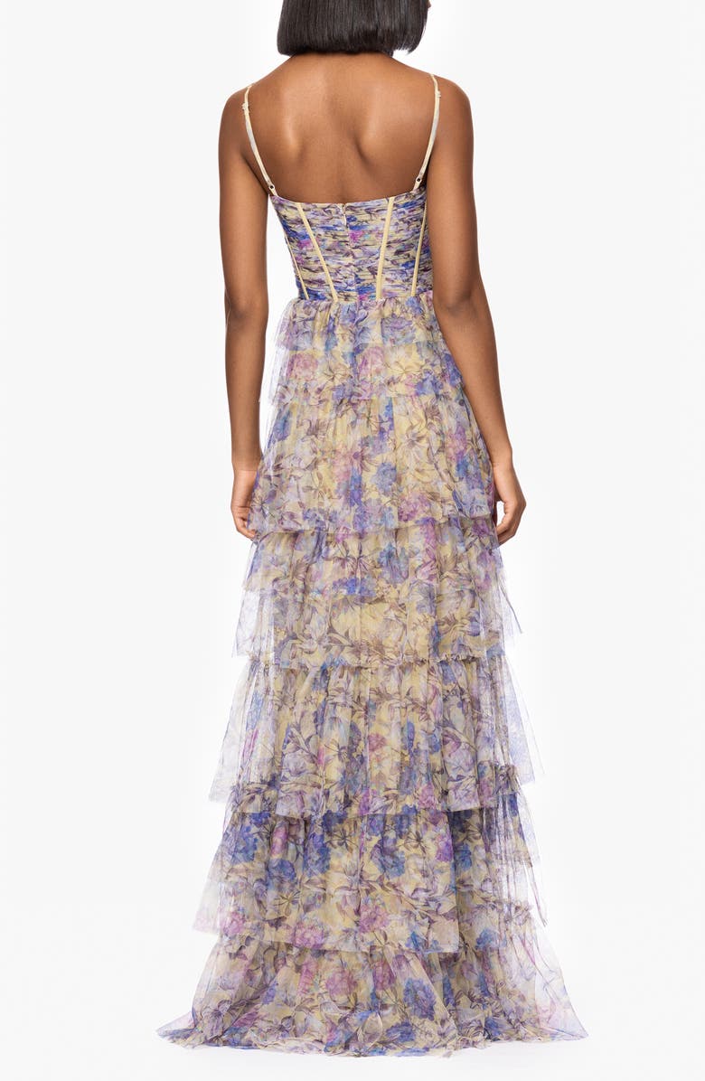 Blondie Nites Floral Print Tiered Ruffle Gown, Alternate, color, Yellow Multi