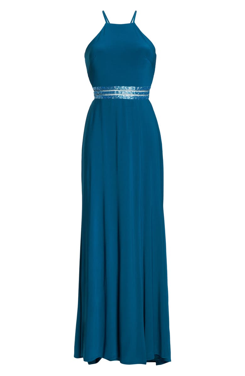 Morgan & Co. Beaded Mesh Halter Gown, Alternate, color, 