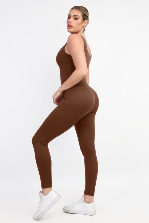 Popilush Shapewear Square Neck Thigh Slimming Workout Jumpsuit In Chocolate