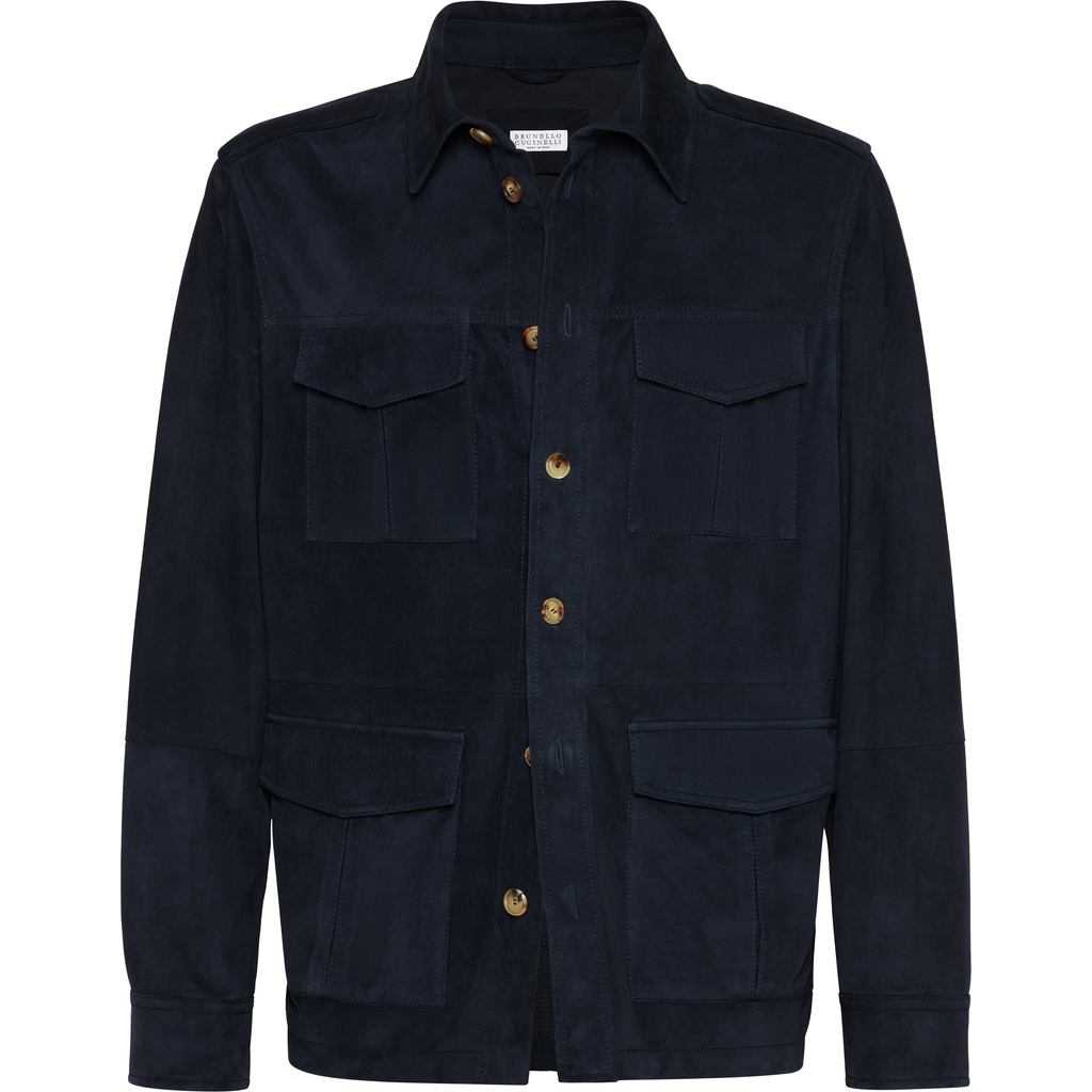 Brunello Cucinelli Suede Leather Shirt Jacket In Navy Blue