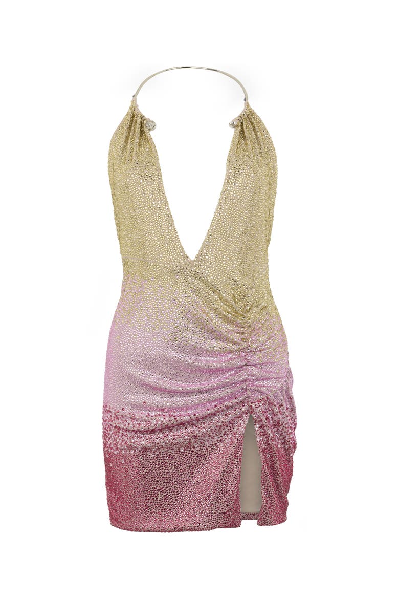 Open Back Mini Dress Piercing Strass Women, Main, color, nudepink