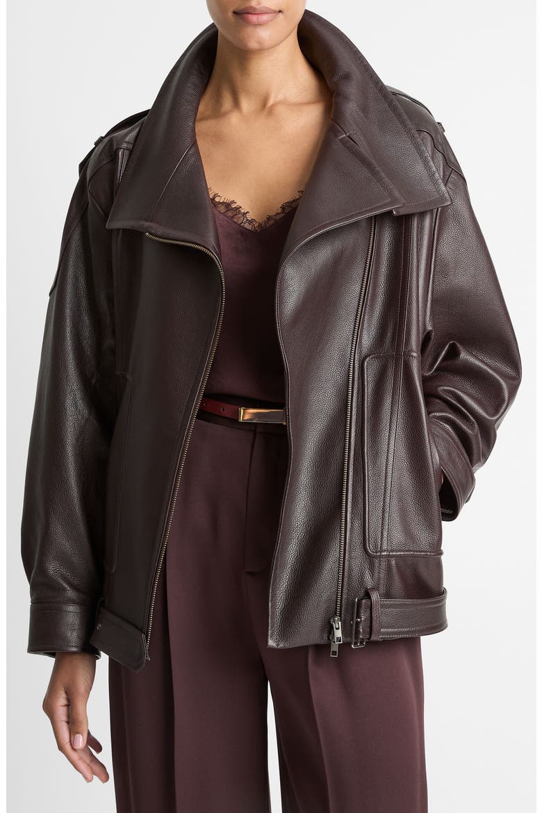 Oversize Leather Biker Jacket, Main, color, DARK FIG
