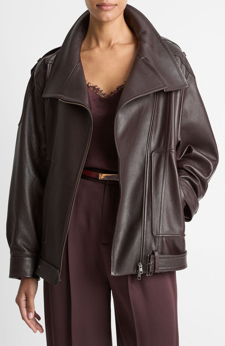 Vince Oversize Leather Biker Jacket, Main, color, Dark Fig
