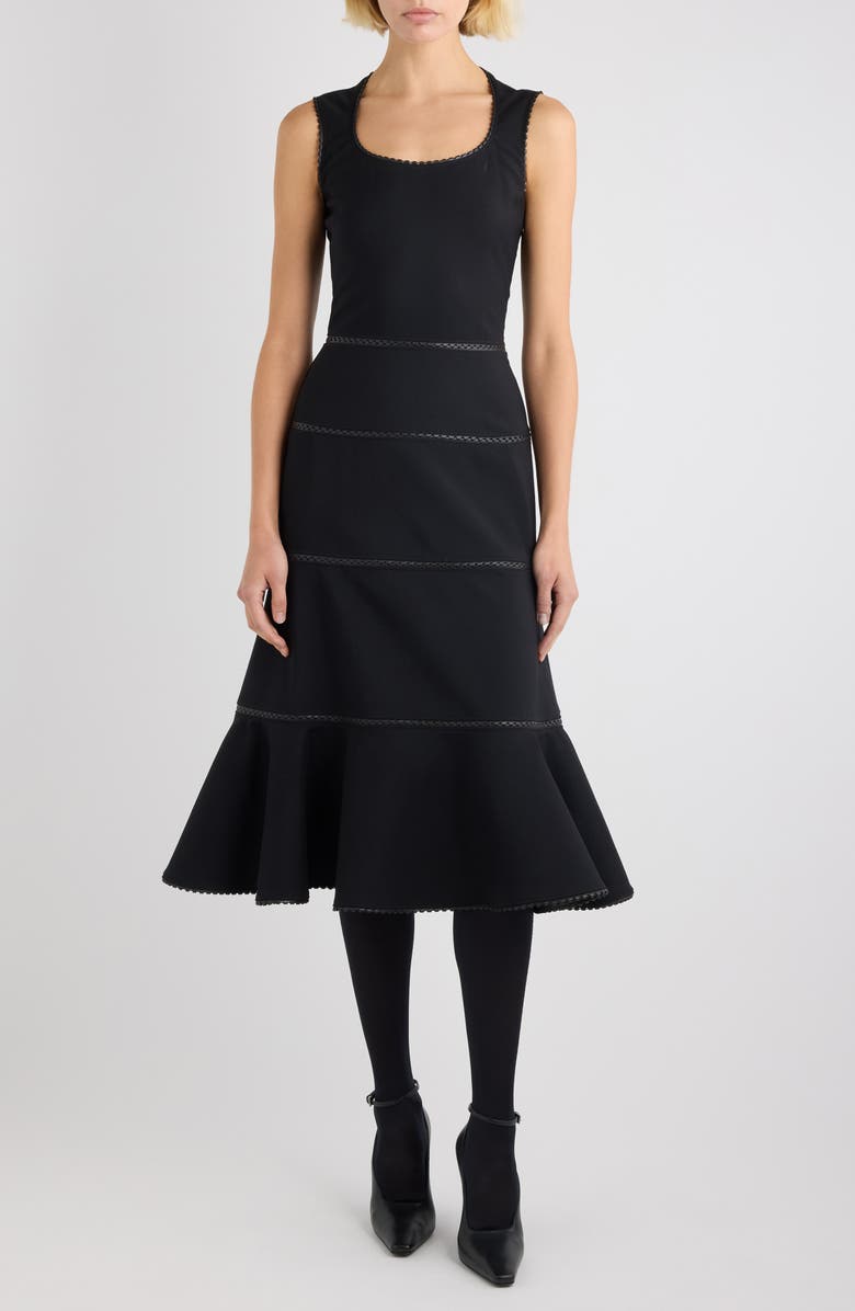 Alaïa Charnière Stretch Virgin Wool & Leather Dress, Main, color, Noir