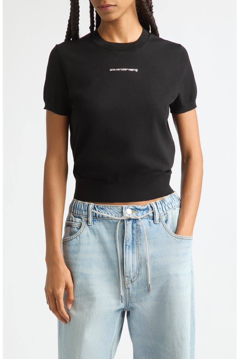 Hotfix Logo Fitted Short Sleeve Sweater, Main, color, BLACK