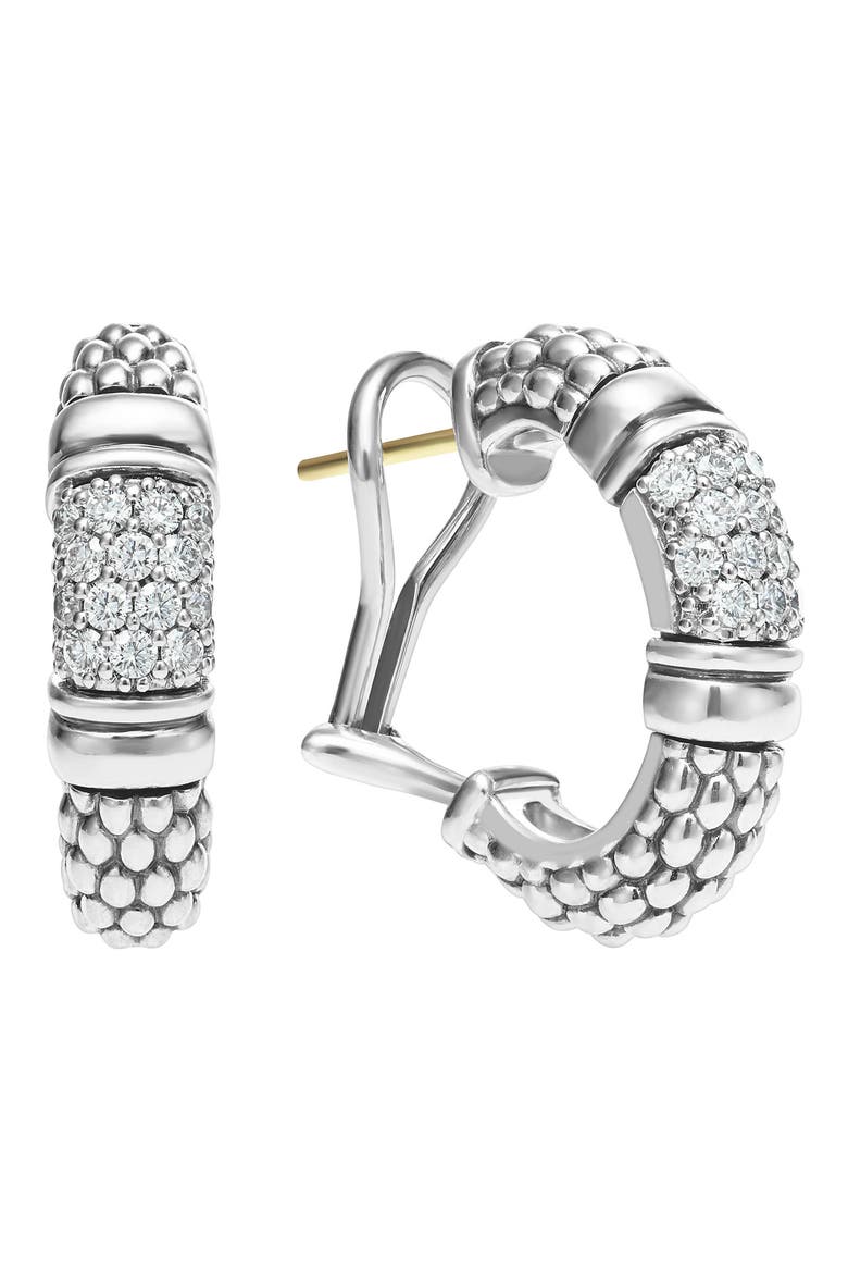 Signature Caviar Pavé Diamond J Hoop Earrings, Alternate, color, SILVER