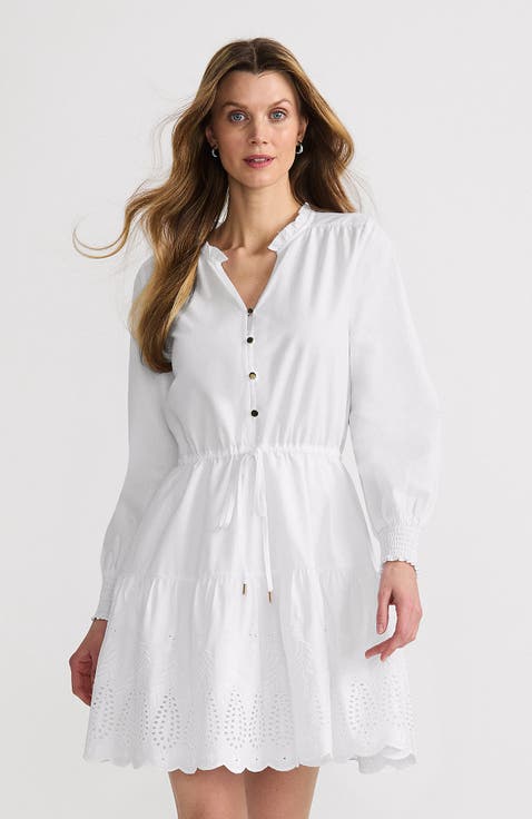 Long Sleeve Eyelet Mini Popover Dress