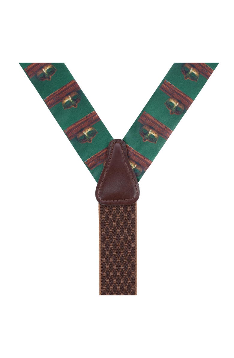 Trafalgar Secret Identity Mardi Gras Mask Silk Button End Suspenders, Alternate, color, Green