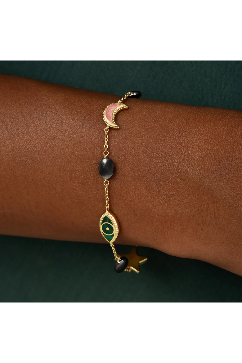 Multi Symbol Gold Plated Women's Charm Bracelet - Celestial Harmony, Alternate, color, Gold/Multicolor