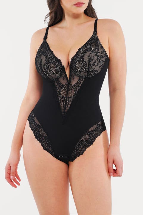 Plus Size Shapewear Lace Deep V-Neck Sculpting Thong Bodysuit