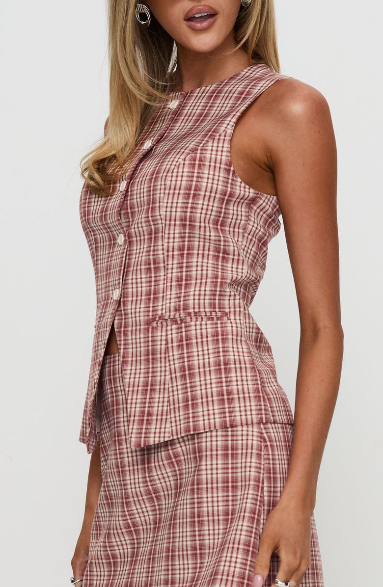 Princess Polly Theodosia Check Cutaway Vest, Alternate, color, Red Check