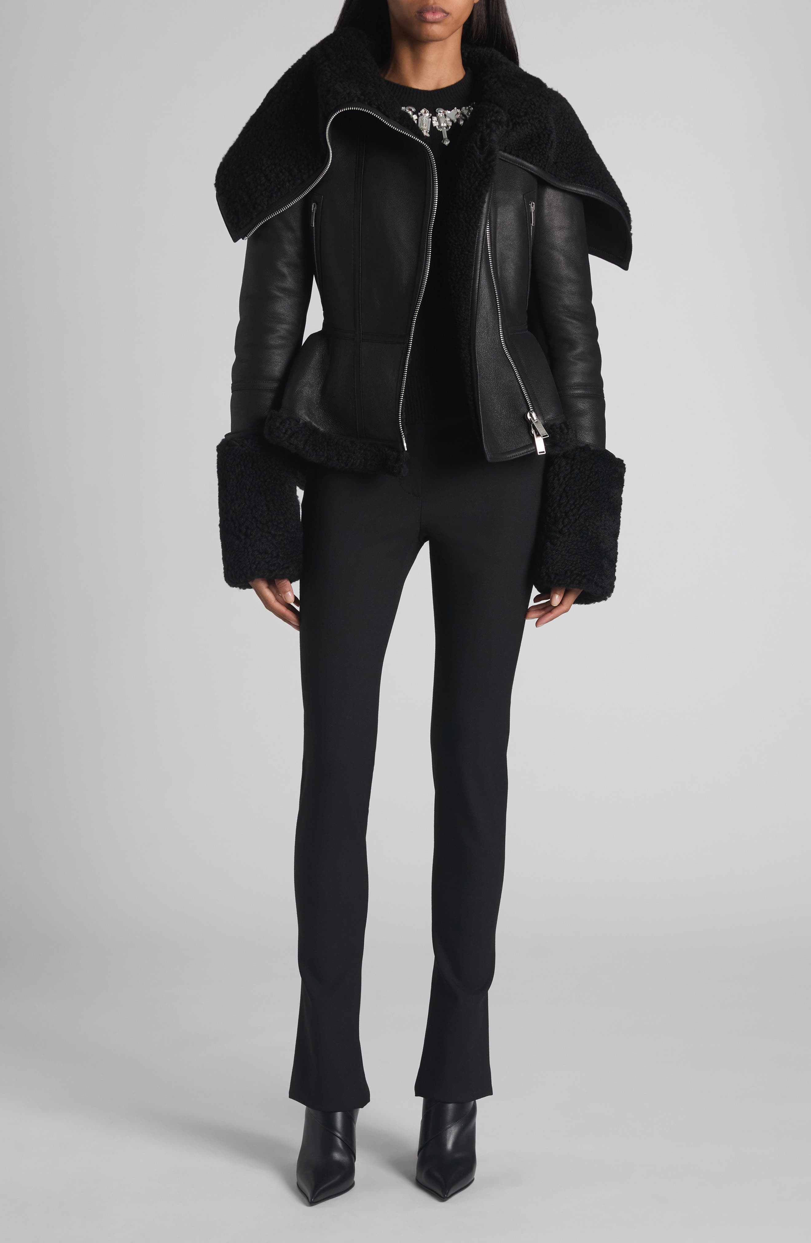 Oversize Collar Genuine Shearling Moto Jacket - image 2