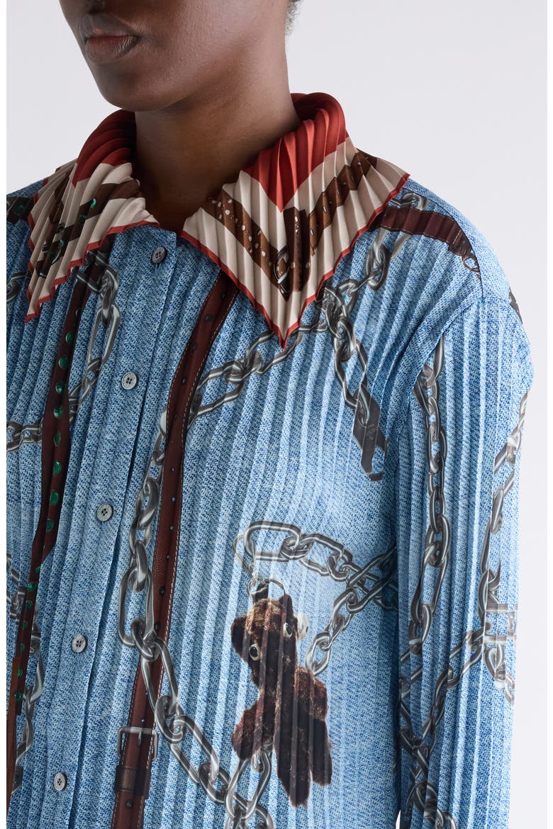 Pleated Print Button-Up Shirt, Alternate, color, DENIM BLUE