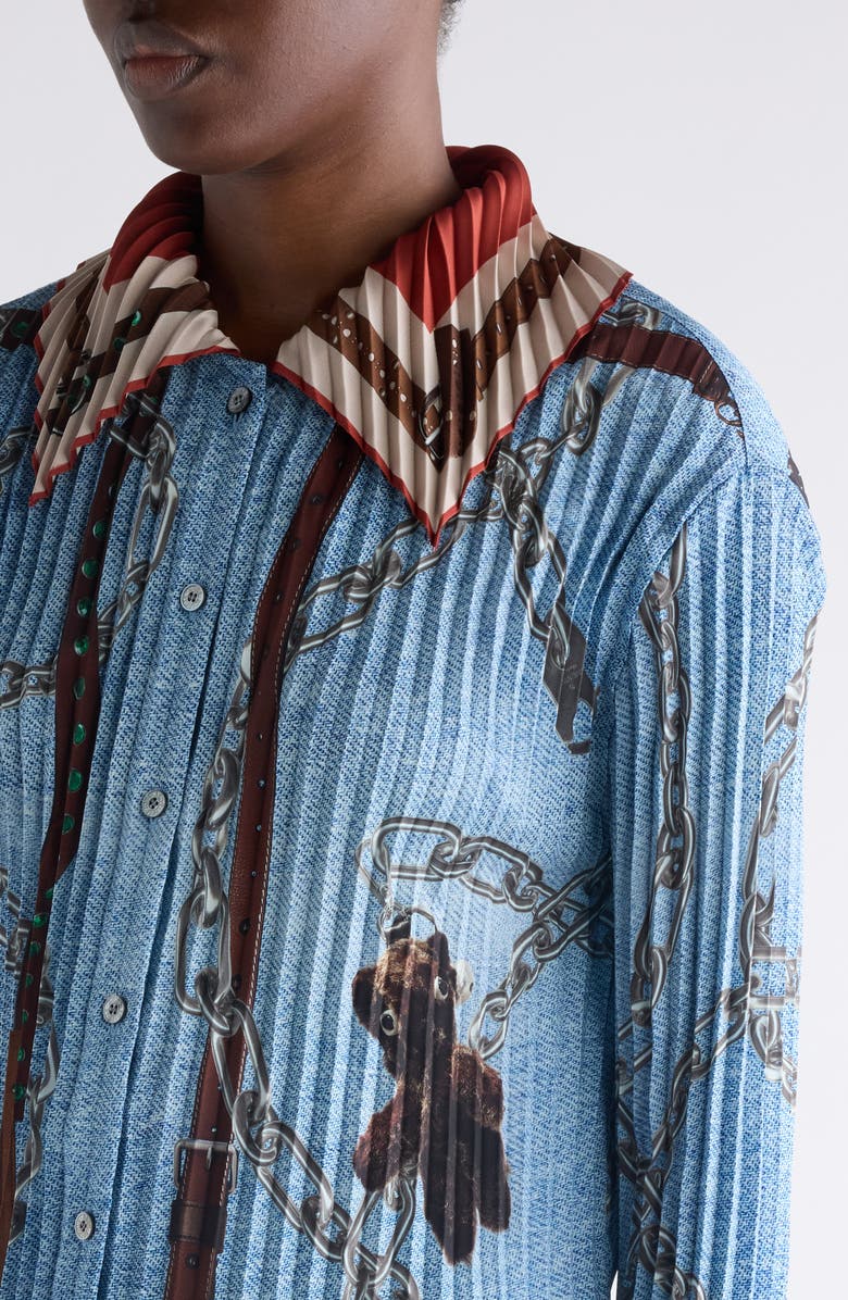 Acne Studios Pleated Print Button-Up Shirt, Alternate, color, Denim Blue
