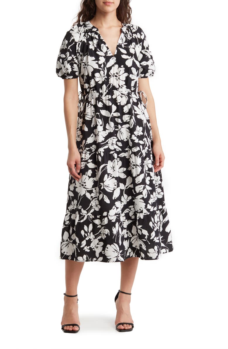 Ellen Tracy Puff Sleeve Side Tie Midi Dress, Main, color, 