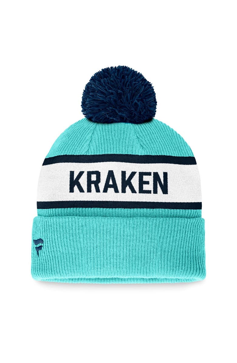 FANATICS Men's Fanatics Branded Light Blue Seattle Kraken Fundamental Wordmark Cuffed Knit Hat with Pom, Alternate, color,