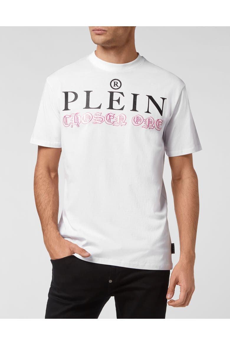 T-Shirt Round Neck Men, Main, color, White/fuxiafluo