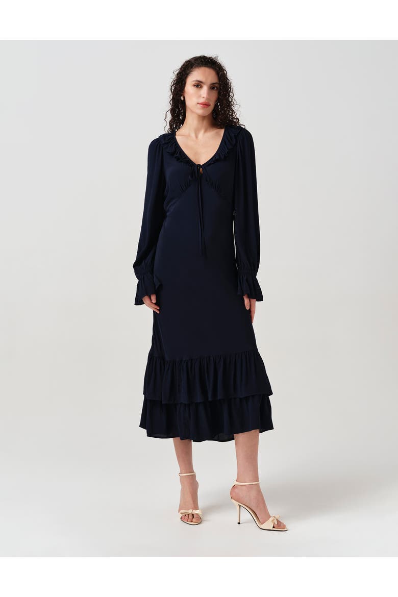 Melina Crepe Ruffle Hem Midi Dress, Alternate, color, Navy