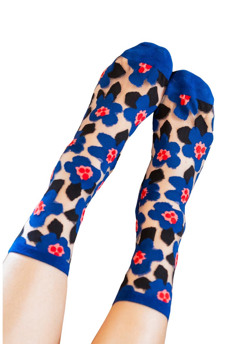 Bold Blooms Floral Sheer Crew Socks, Alternate, color, BLUE/ PINK