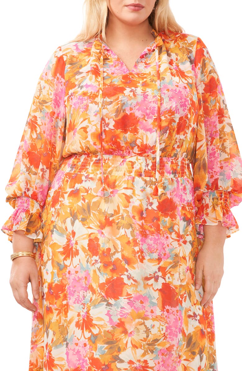 Vince Camuto Floral Smocked Three Quarter Sleeve Maxi Dress, Alternate, color,
