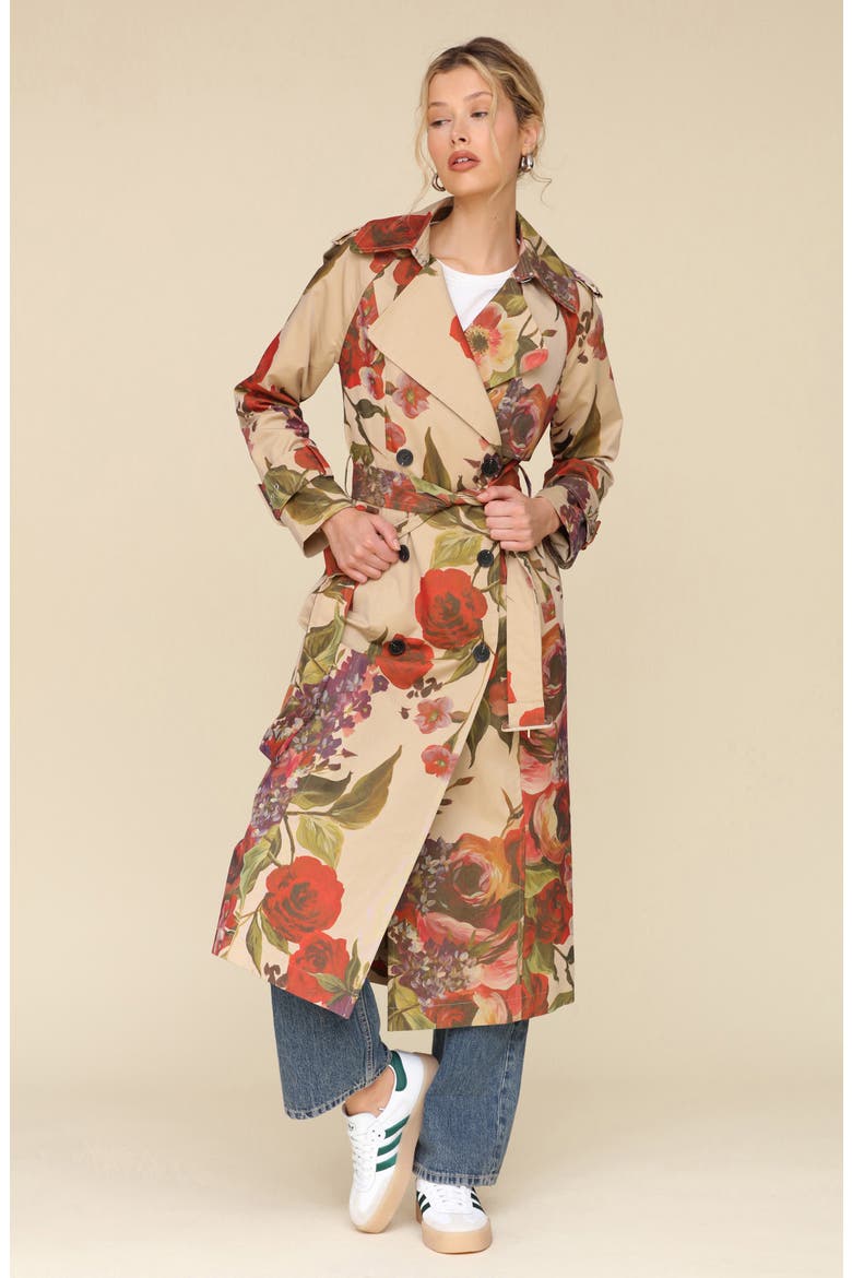 Rose Print Belted Double Breasted Cotton Blend Trench Coat, Alternate, color, TAN PORTOFINO ROSE