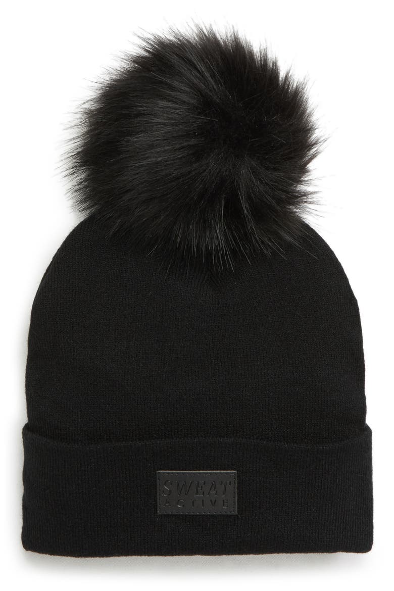 Faux Fur Pom Beanie, Main, color, BLACK