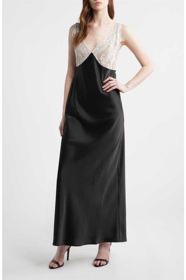 Ottilie Lace Bodice Open Back Satin Gown, Main, color, BLACK