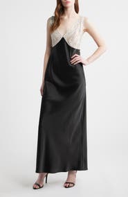 WAYF Ottilie Lace Bodice Open Back Satin Gown